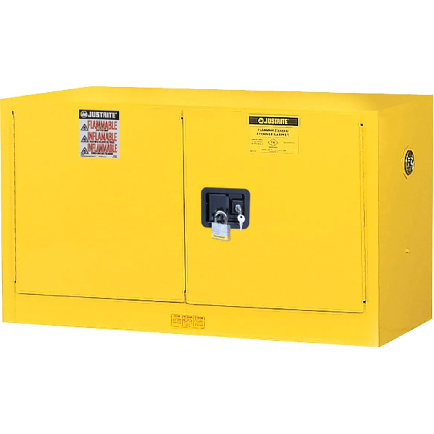 Justrite 8917008 Sure-Grip Steel 2 Door Manual Close Wall Mount Safety Storage Cabinet with 1 Adjustable Shelfs, 17 Gallon Capacity, 43" Width x 24" Height x 18" Depth, Yellow: Hazardous Storage Cabinets: Industrial & Scientific