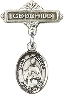 Sterling Silver Baby Badge with St. Placidus Charm and Godchild Badge Pin 1 X 5/8 inches
