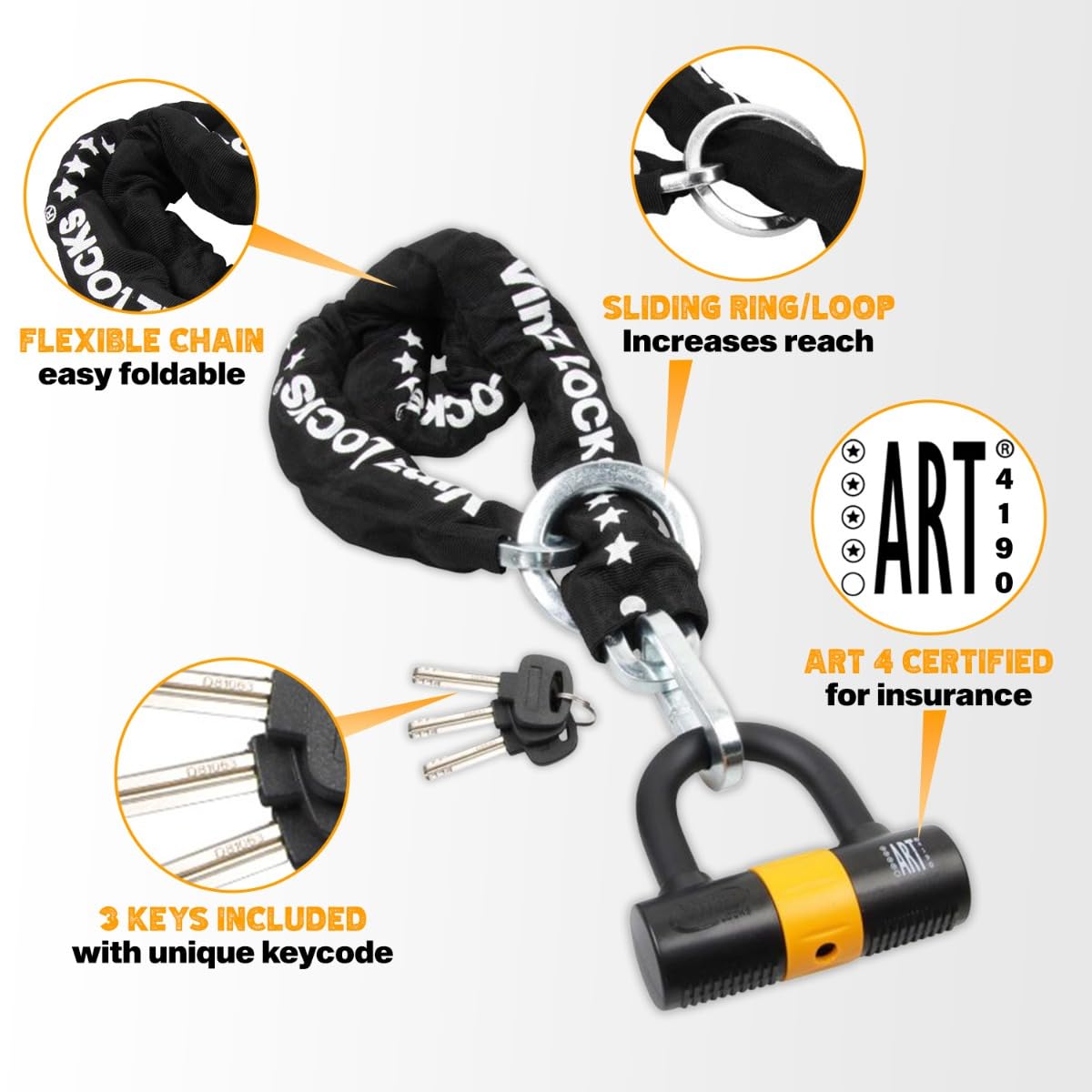 VINZ Trivor Kettenschloss ø11mm | ART 4 Zertifikat | Motorradschloss Kette Mopedschloss | sicheres Motorrad schloss Roller & E-scooter & Panzerschloss | 120-300 cm x (200cm)