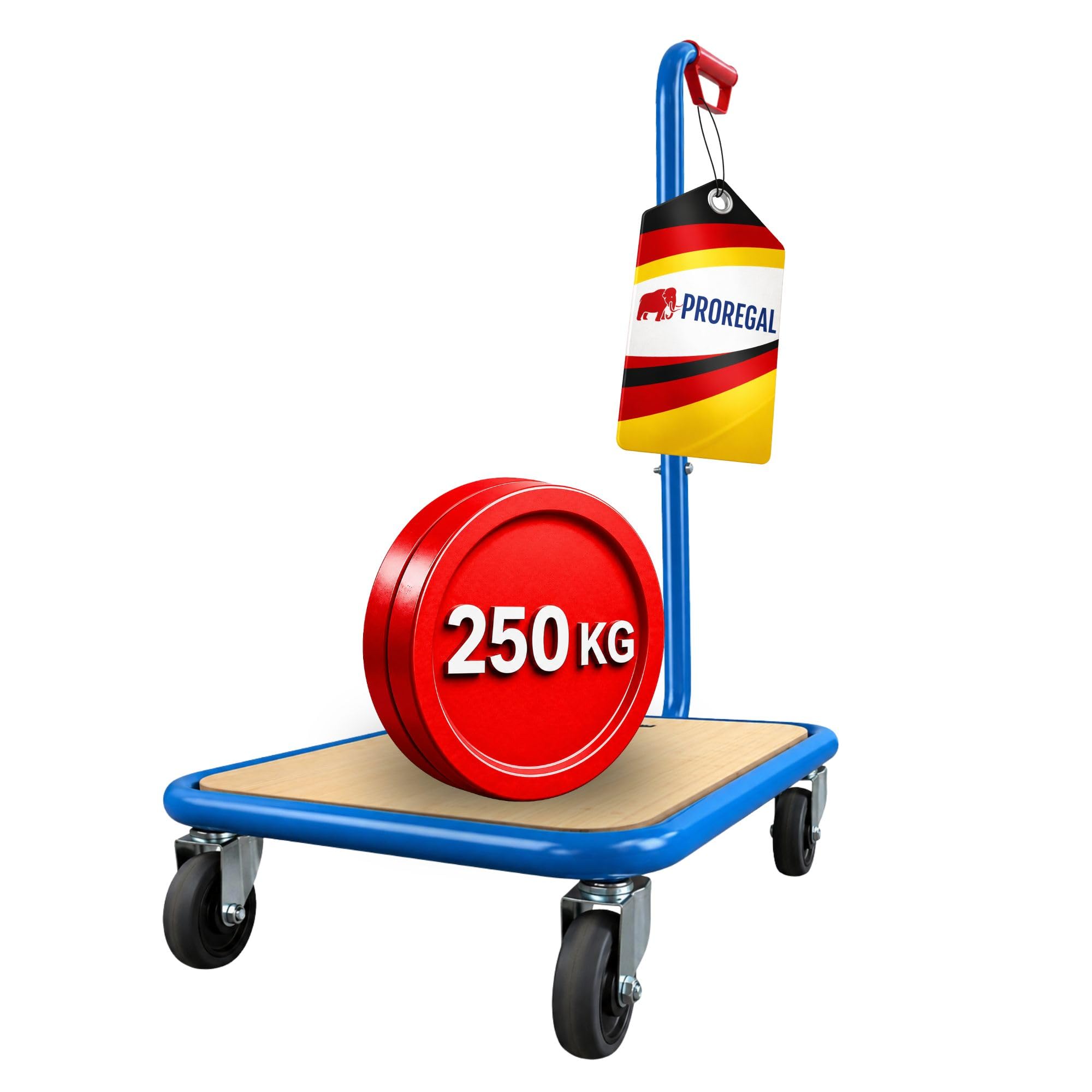 PROREGAL Profi Griffroller | HxBxT 96x50x60 cm | Traglast 250kg | 2X Lenkrollen mit Feststellbremse & 2X Bockrollen | Lichtblau | Transportroller mit Griff Transportwagen Plattformwagen Schiebewagen