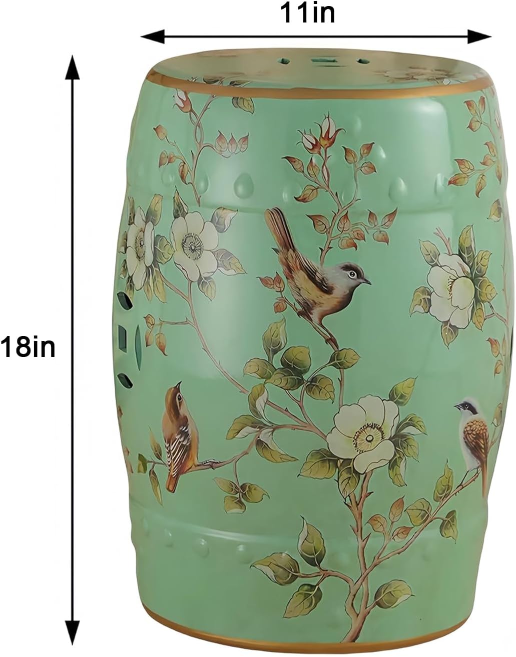 Chinoiserie Ceramic Drum Indoor/Outdoor Garden Stool,Bird & Flower,Classic,Bohemian,Cottage,French Country,Bathroom,Garden Room,Patio(11" D x 11" W x 18" H, Green)