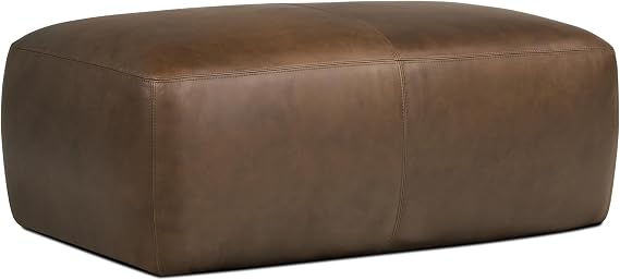 Poly & BARK Denver Ottoman 43 Large Pouf with Feather-Down Topper Full-Grain Leather Upholstered Pouf Ottoman for Living Room Vintage Italian Leather in Cocoa Brown