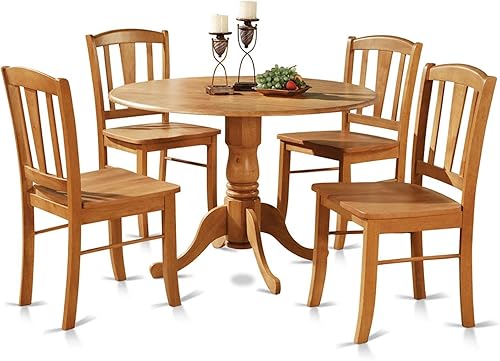 East West Furniture DLin5-OAK-W - Juego de mesa y sillas de cocina pequeñas de 5 piezas, mesa redonda y 4 sillas de comedor