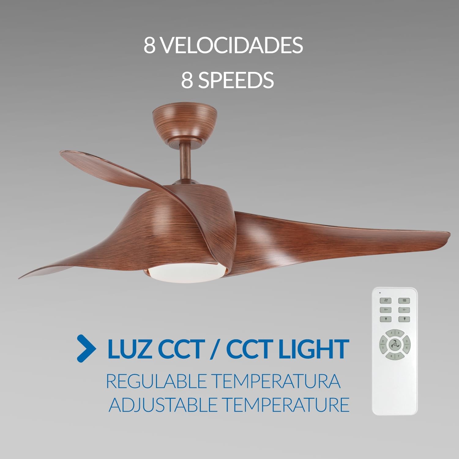 M mimotec - Ventilatore da Soffitto con Led Fanton Legno con Luce e Telecomando, Basso consumo, motore DC, 8 velocità,Silenzioso,3 Pale, modalità inverno-estate, LM8081