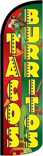4 Less Co TACOS BURRITOS - Bandera de swooper sin viento, letrero de plumas de 3 x 11.5 pies de alto (solo bandera) gq75