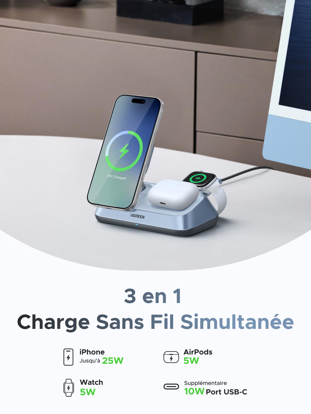 UGREEN MagFlow 3 en 1 Qi2 25W Chargeur Induction iPhone MFi Certifié