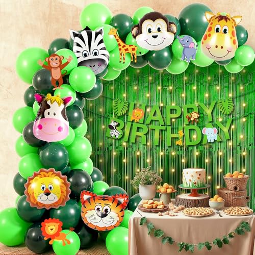 Image of Party Propz Jungle Theme Birthday Decoration Combo - Pack of 64 Pcs | Animal Theme Birthday Party Decorations With Led Light, 30 - 32ft Animals Safari Forest Foil Balloons (Cardstocks)