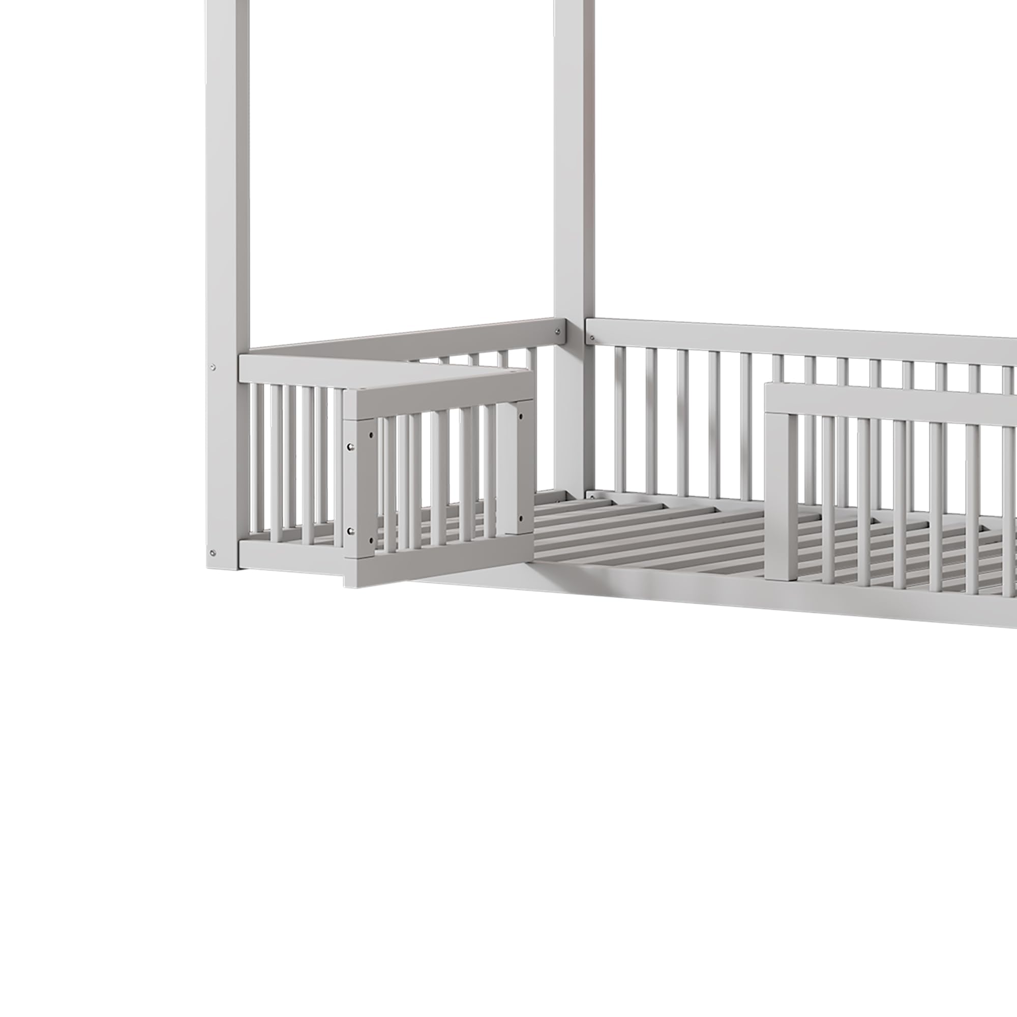 Kinderbett Hausbett 90x200 cm, Montessori Bodenbett mit Tür inkl. Rausfallschutz & Lattenrost, Massivholz Gitterbett Montessori Bett Babybett Kinder Jugendbett Einzelbett für Jungen & Mädchen, Weiß