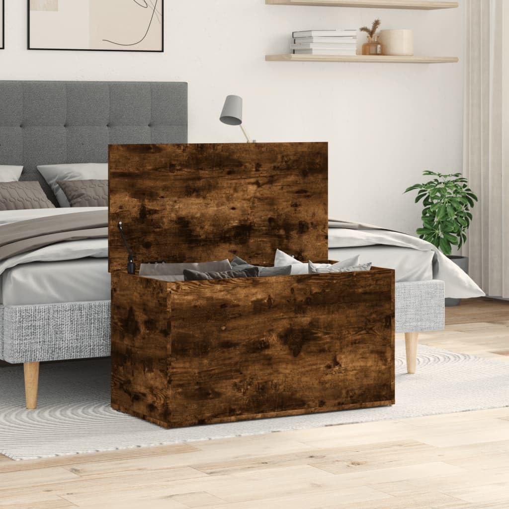 Baúl de almacenamiento de madera de roble ahumado 84 x 42 x 46 cm con espacio de almacenamiento y tapa, versátil baúl y organizador para salón, dormitorio, pasillo