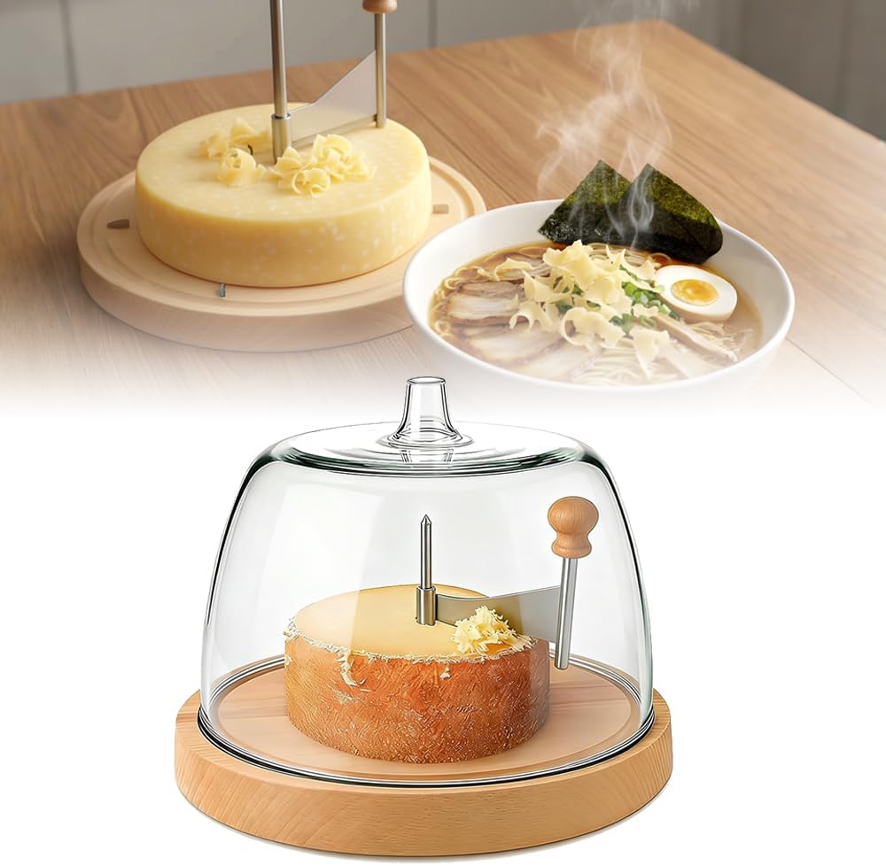 Cheese Curler Wheel, 2026 New Stainless Steel Cheese Slicer, Sharp Blade Cheese & Chocolate Shaver with Wooden Base, Create Cheese Rose Flowers (With Cover)