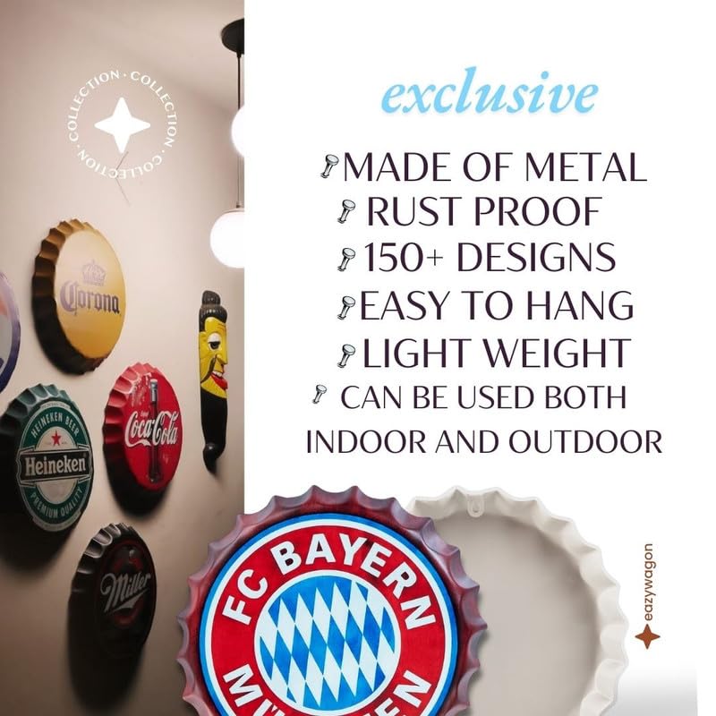 Image of EAZYWAGON Decorative Metal Bottle Caps Wall Sign Plates - 14X14 Inches - Bay ern Munich | Metal Wall Hanging Bottle Cap for Home, Farmhouse, Bar & Cafe Decoration | Vintage & Retro Look Plaques