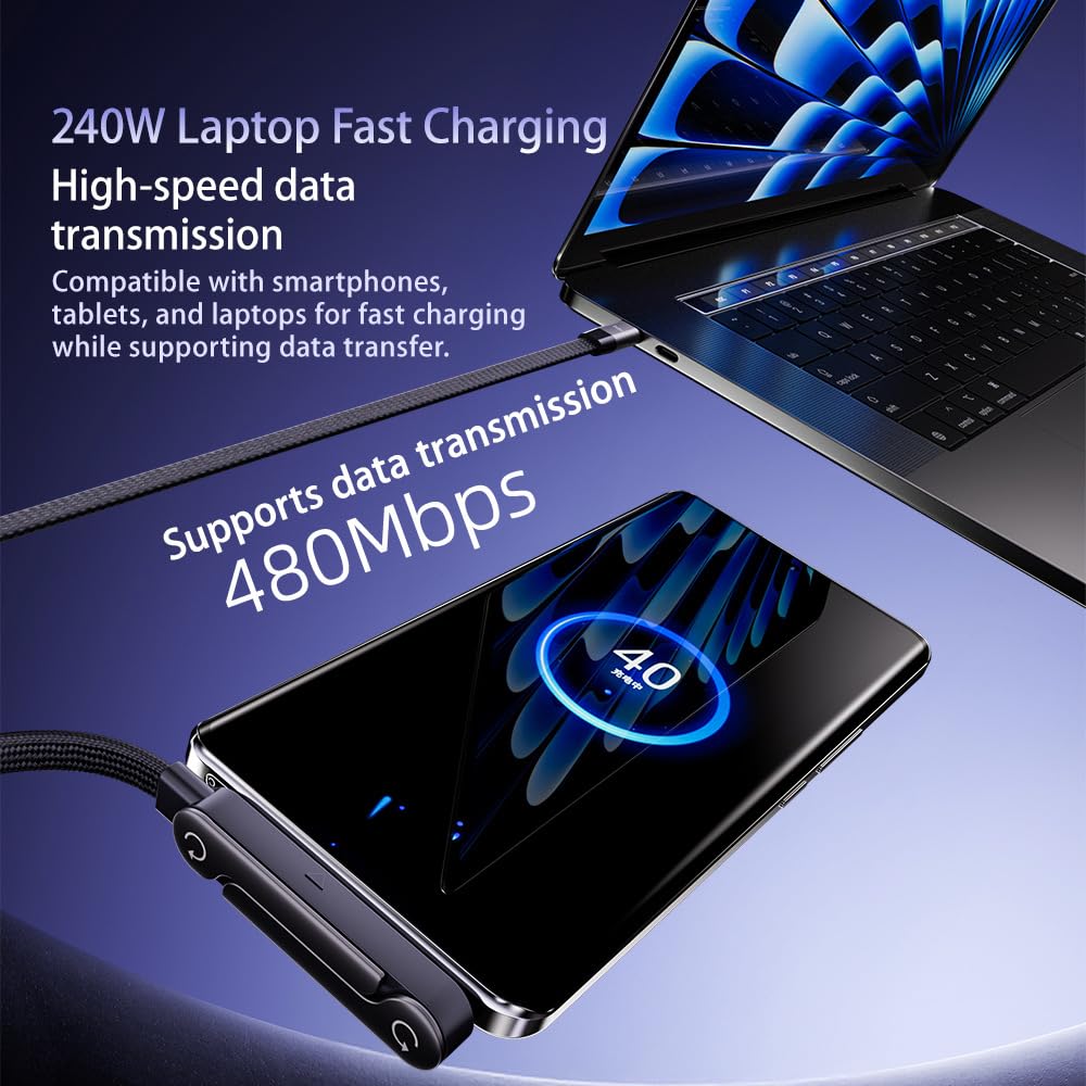 Cavo di ricarica piatto per telefono con supporto regolabile per telefono, angolo retto di 90°, cavo di ricarica rapida da 240 W, cavo di ricarica PD 3.1 intrecciato per iPhone 15, Samsung Galaxy