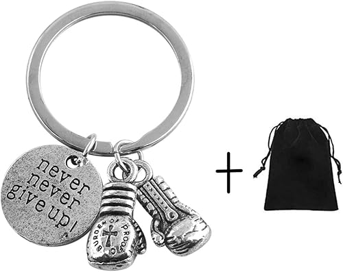 Vista 5 de Wen XinRong Llavero de boxeo con texto en inglés Never Give Up, guantes de boxeo, regalo inspirador para hombres y mujeres, plateado