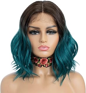 NOBLE Short Curly Wig for Women Lace Front Middle Part Synthetic Shoulder Length 12 Inch Ombre Brown To Green Natural Looking Heat Resistant Fiber Hair.