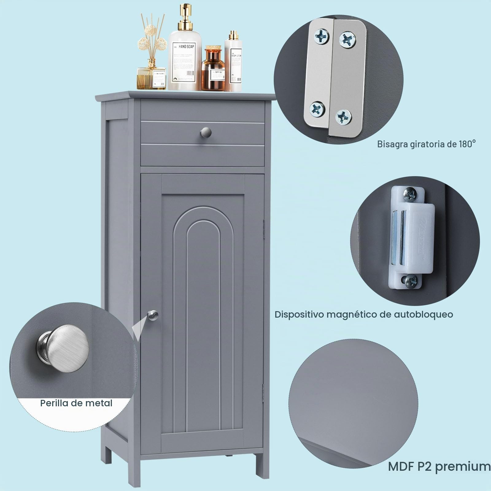 LIFEZEAL Mueble de baño Independiente, Armario Suelo de MDF con cajón y estantes Ajustables, 35,5 x 30,5 x 88cm, Mueble Organizador para salón, Cocina y Pasillo (Gris)