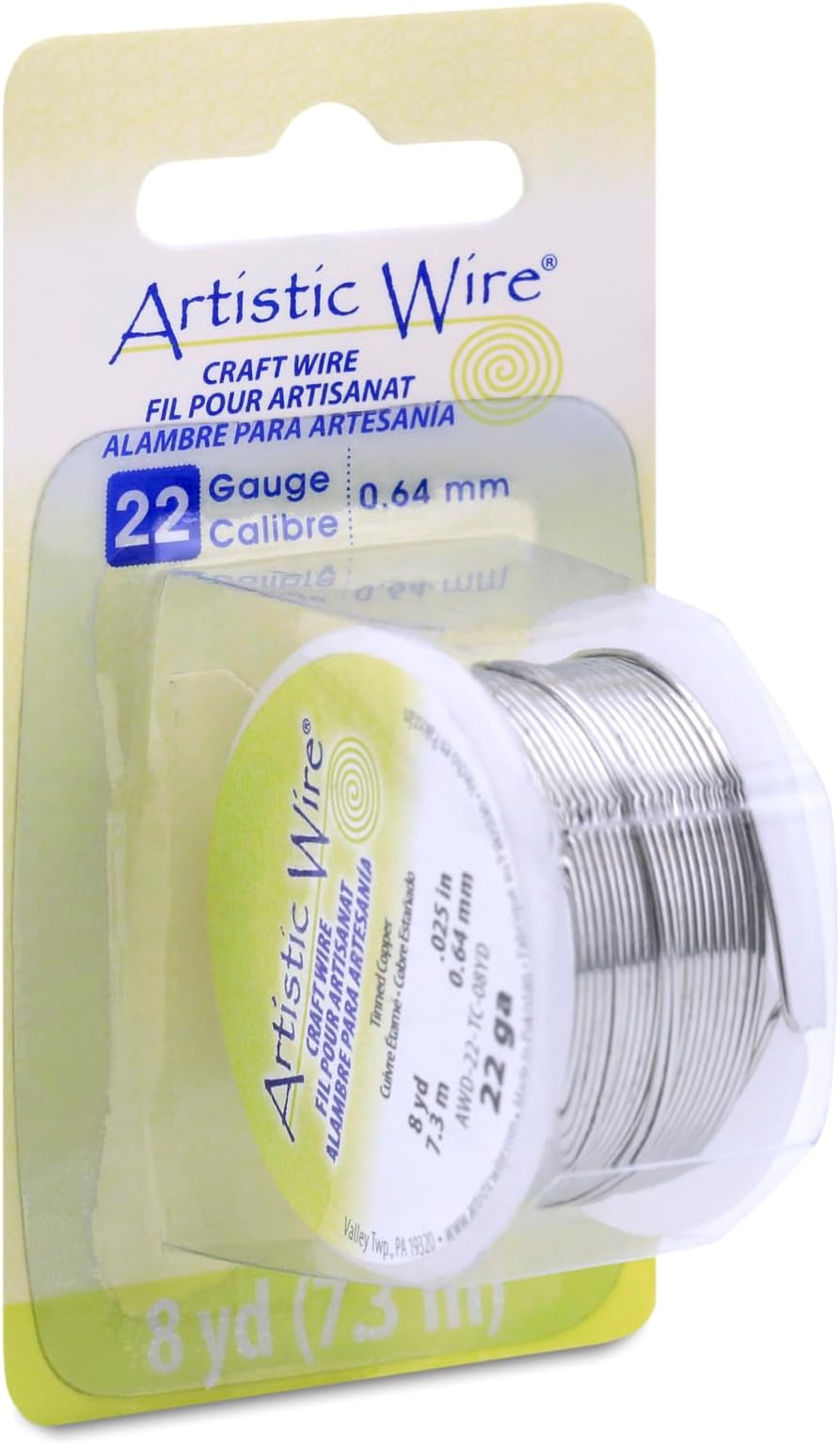 Artistic Wire, 22 Gauge Tarnish Resistant Tinned Copper Craft Wire, Silver Color, 8 yd