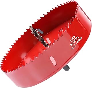 6.5 Inch / 165mm Hole Saw Red with Arbor and Pilot Drill Bit, Bi-Metal Hole Cutter for Fiberboard, Wood, Drywall, Plastic, Soft Metal Sheet, PVC Board and Cornhole Boards Drilling
