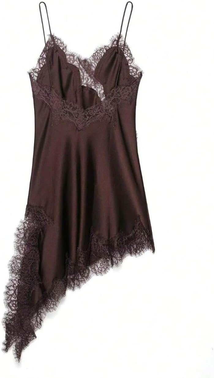 MakeMeChic Women's Lace Satin Asymmetrical Tops Spaghetti Strap Contrast Mini Dress - Image 3