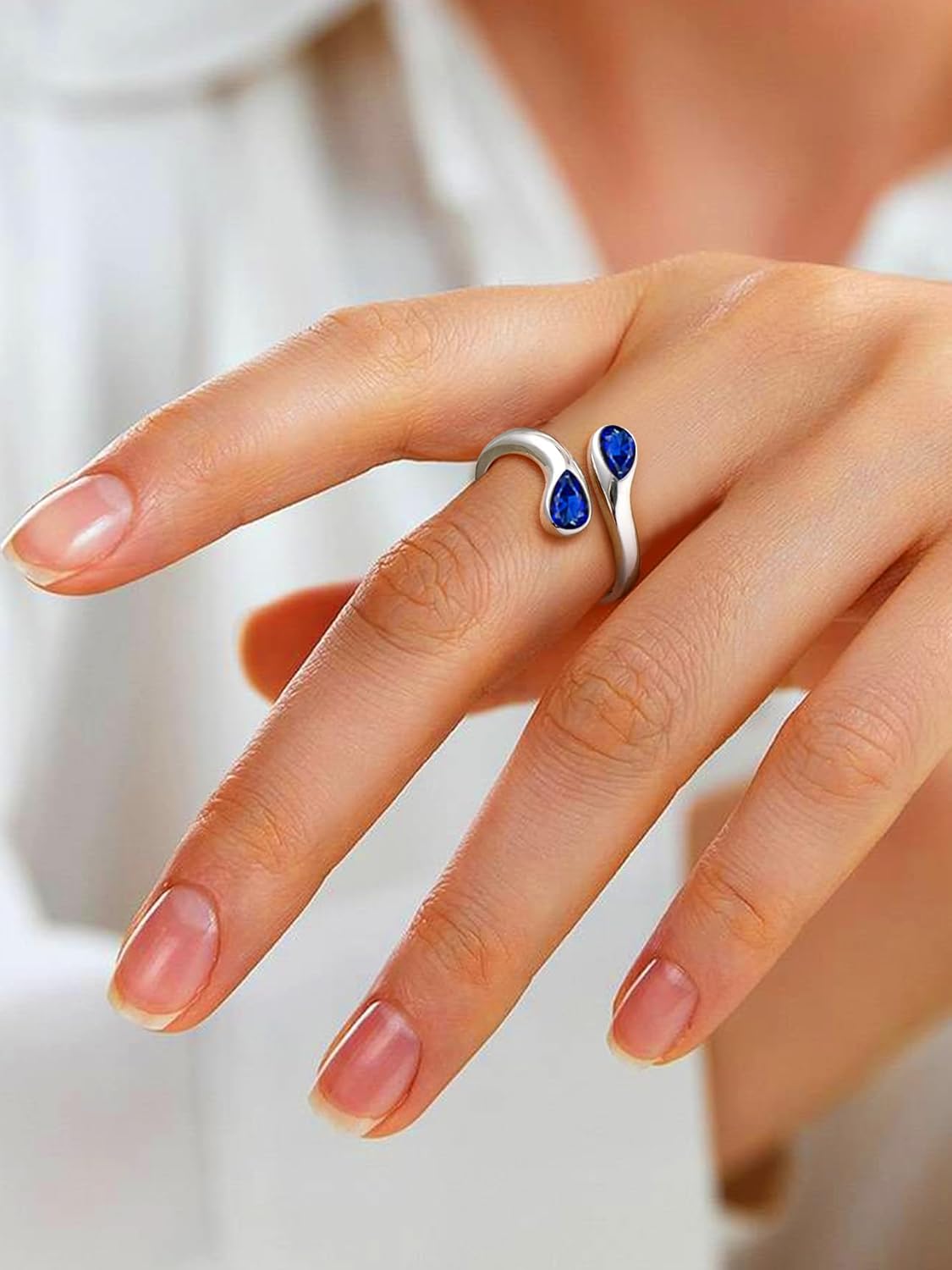 Bestyle Silver Birthstone Ring for Women, Dainty Sterling Silver Teardrop Ring Open Adjustable Band Ring, Love Statement TOI et Moi Ring Promise Ring for Her