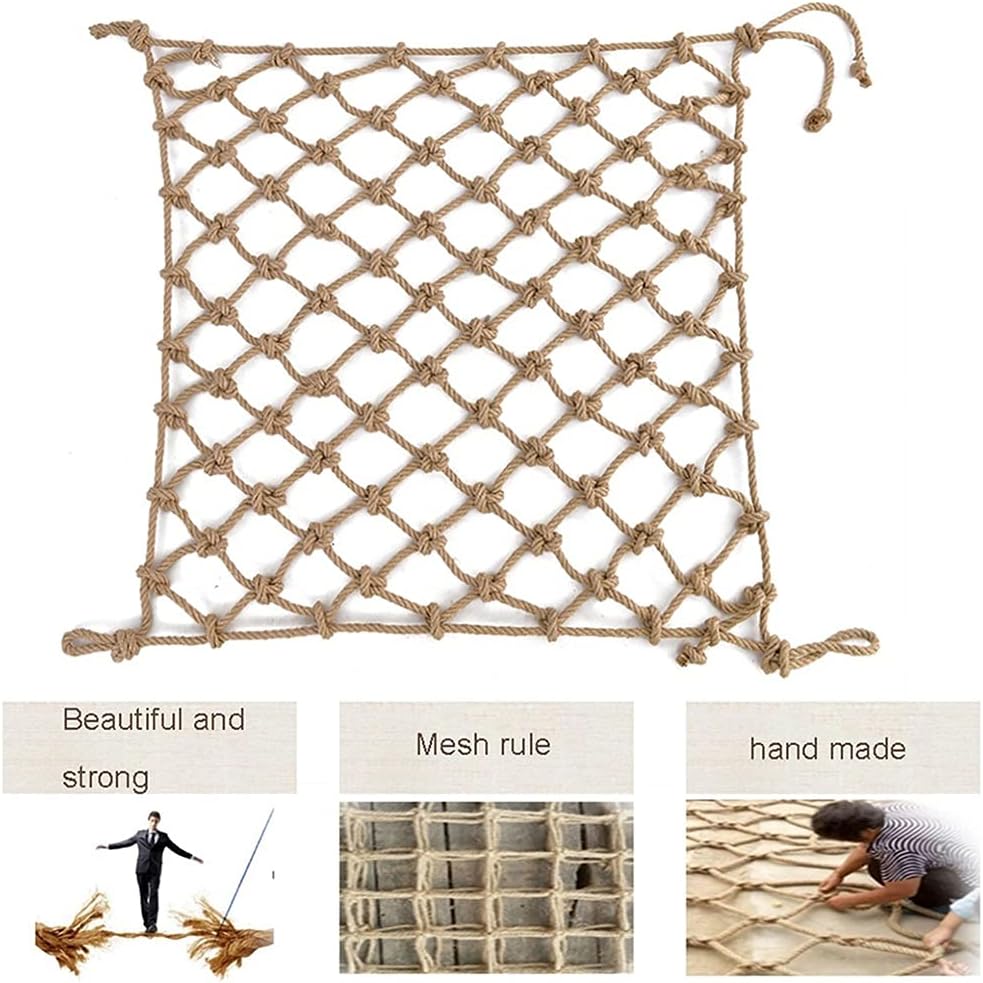 Kids Outdoor Climbing Rope Safety Net 1x1m (3.28x3.28ft) - Durable Hemp Cargo Net for Balcony & Stair Protection, Decorative Hanging Bridge for Safety & Play