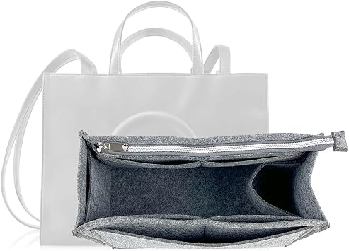 Purse Organizer Compatible with Telfar Bag Medium, Tote Bags Organizer Insert with Silver Zipper Pouch, 3MM Premium Felt Insert for Handbag, Sturdy and Durable For Telfar Medium Shopping Bag, Gray