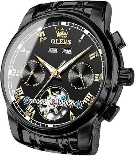 OLEVS Reloj automático para hombre, cuerda automática, mecánica, de lujo, de acero inoxidable, multicalendario, impermeable, luminoso, reloj de