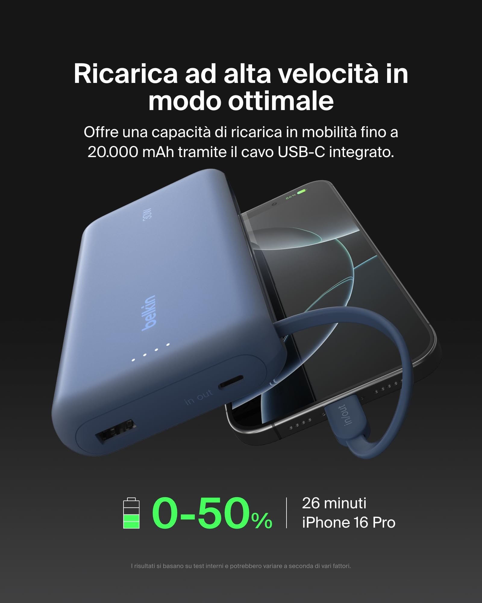 Belkin Caricabatteria portatile, power bank 20K PD 30 W con cavo integrato, ricarica rapida USB-C Power Delivery, caricabatteria portatile per iPhone 16 Series, iPad Pro, Galaxy S25 Series ecc, Blu