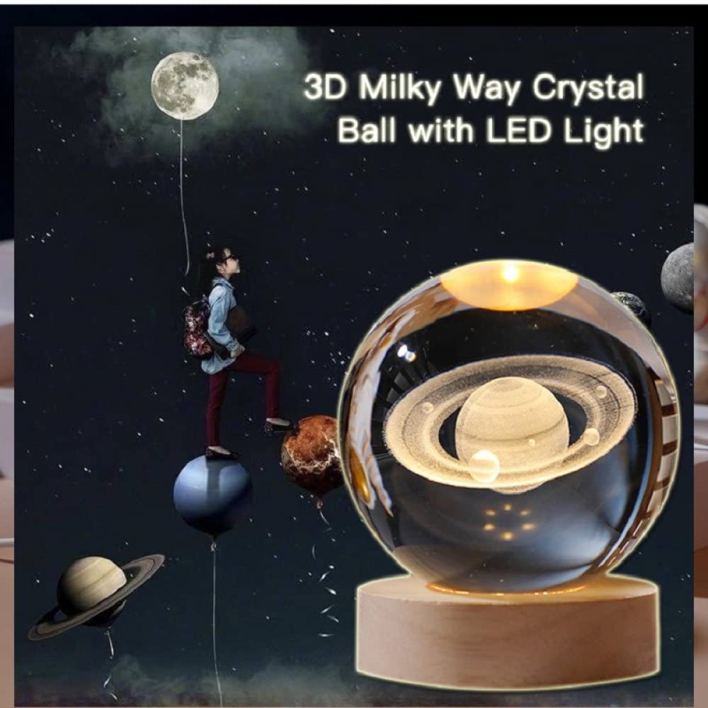 VVW&LIU Bola de Cristal Astronauta de Cristal Planeta Globo Bola del Sistema Solar grabada en 3D con Interruptor táctil Base de luz LED Astronomía, Bola de cristal5,8cm