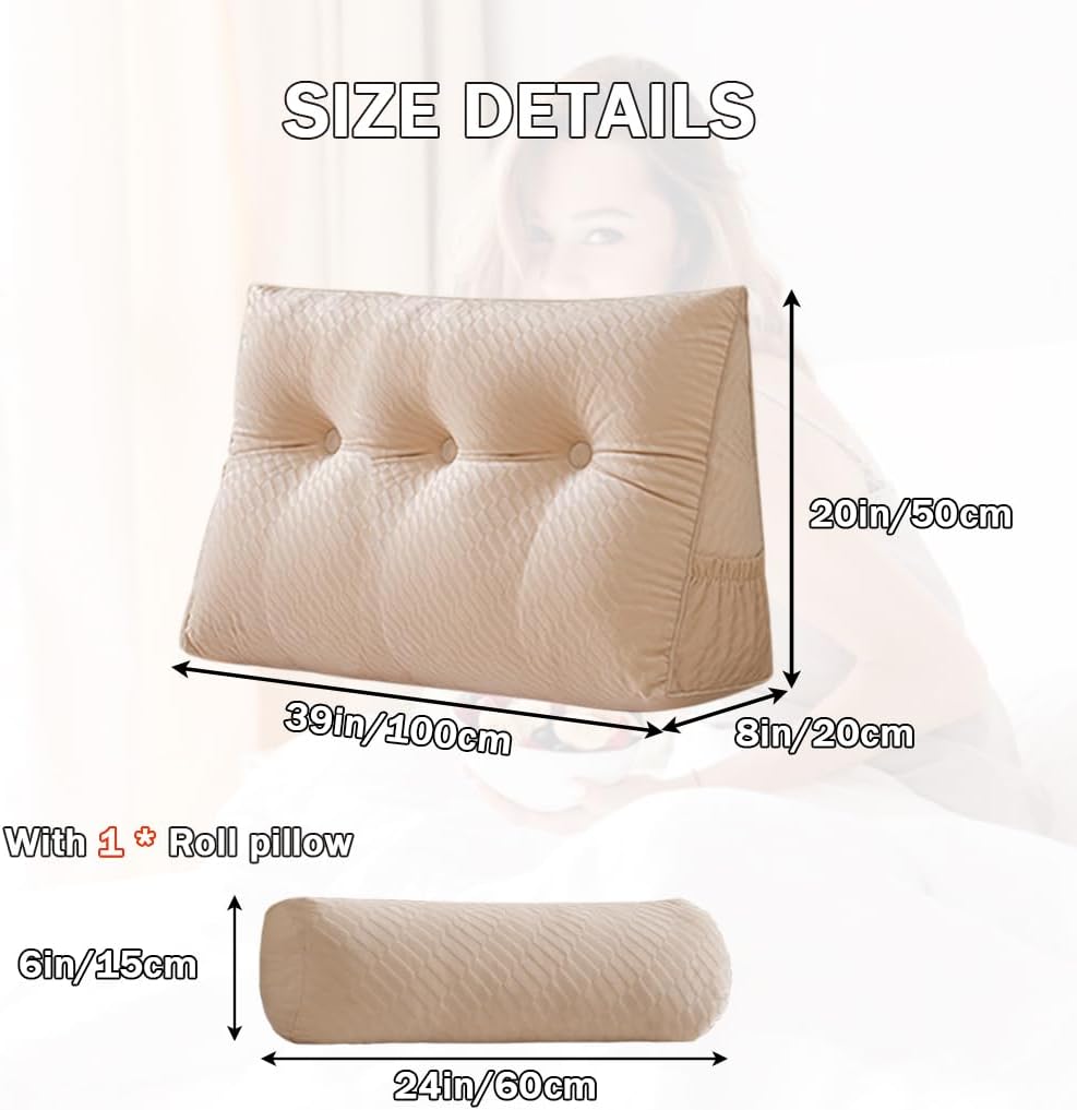 Velvet Triangular Wedge Pillow With Roll Pillows,Removable Cover Tiangular Headboard Pillow for Daybed,Backrest Positioning Support Pillow Cushion Resting Reading (Beige, Twin(39 * 20 * 8in))