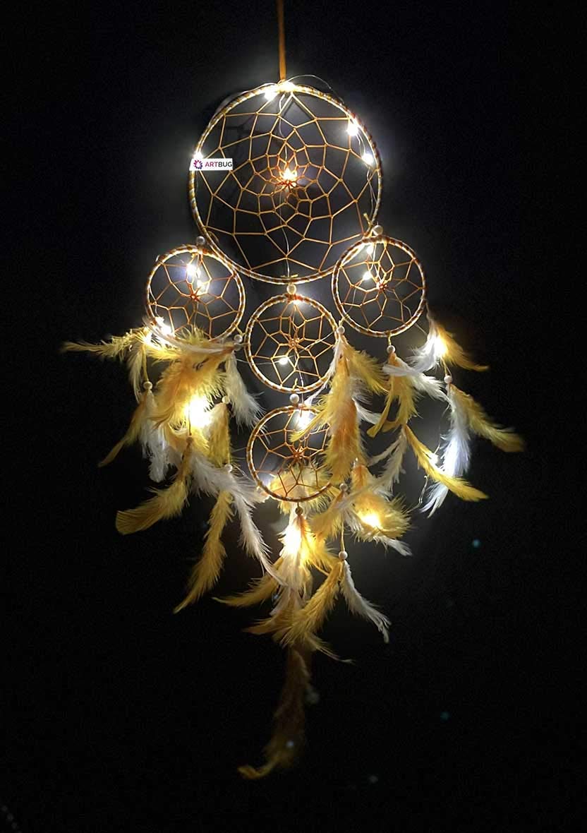 DREAM CATCHER ARTBUG White and Yellow Combination Wall Hanging with LED Lights for Positive Energy and Protection (Size 15cm x 55cm)-image-35