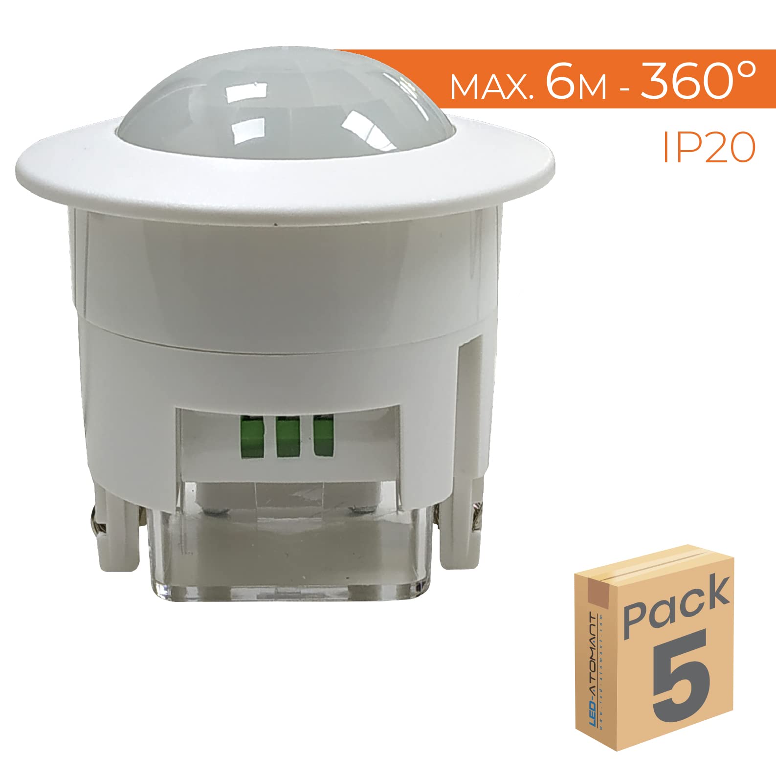 LED ATOMANT 5x Sensore Movimento Incasso con Sensore Luminosita | Dimmerabile, Portata 6m, Angolo di rilevamento 360°