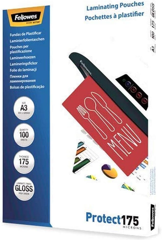 Fellowes A3 Laminating Pouches - Glossy Finish - 100 Sheets, 350 Micron (2 x 175 Micron) Premium - Ideal for Notices, Photos, Creatives, Certificates, Menus and Everyday Use