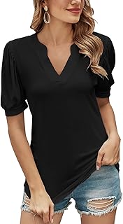 Romanstii Women Casual V-Neck T-Shirts Loose Puff Short-Sleeve Tops Tunic Blouse