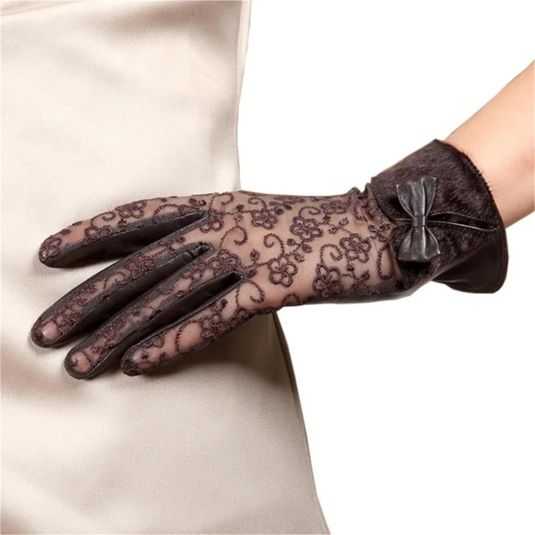 Guantes de cuero para mujer, con empalme de encaje, guantes de conducción con forro femenino, color marrón, talla M, Gris oscuro9, M