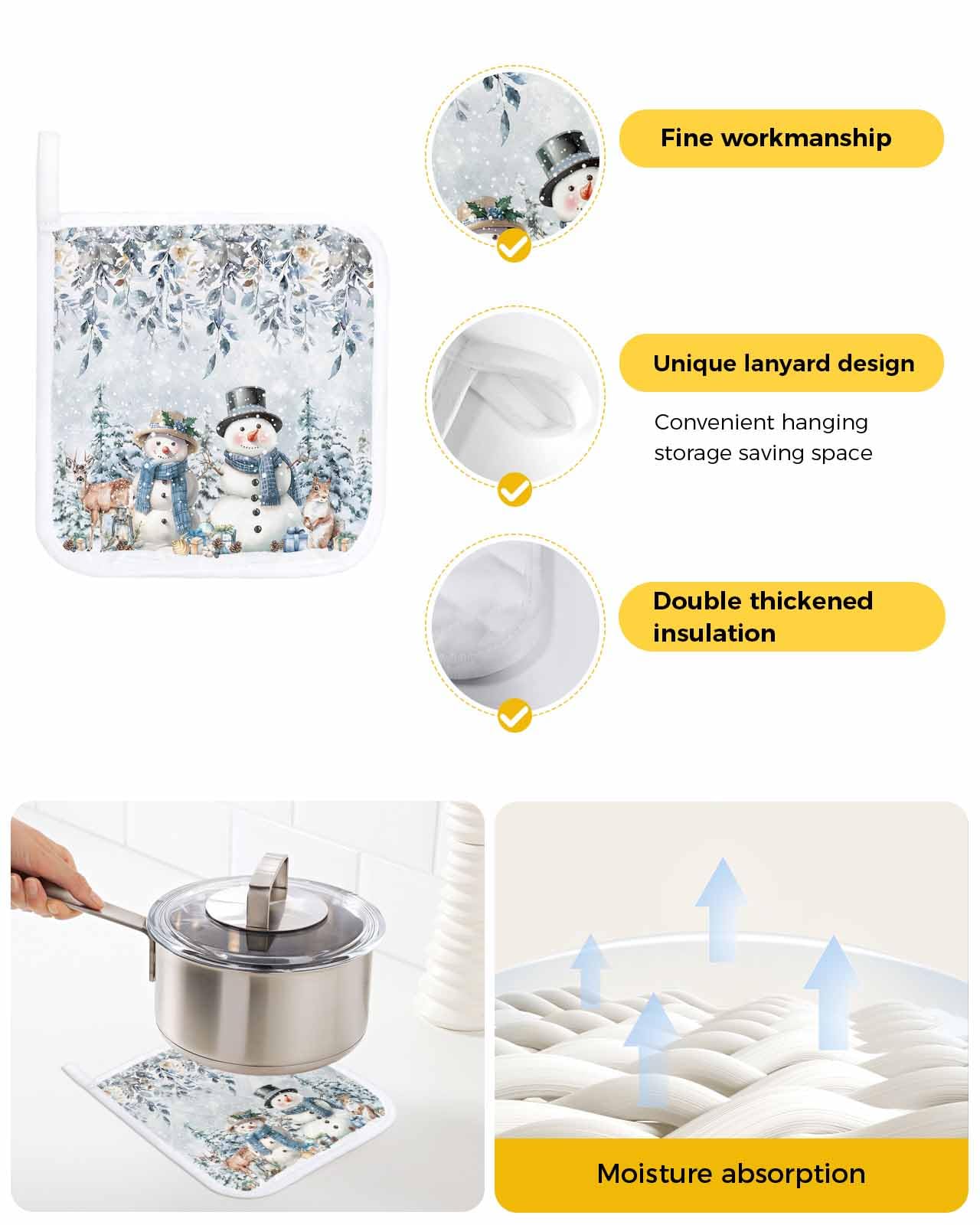 LEOKOTI Christmas Blue Snowman Holders 3 Pack, Hot Pads for Kitchen with Hanging Loop, Xmas Botanical Snowflake Holder Oven Hot Pad Washable Potholders for Cooking Baking 8.25