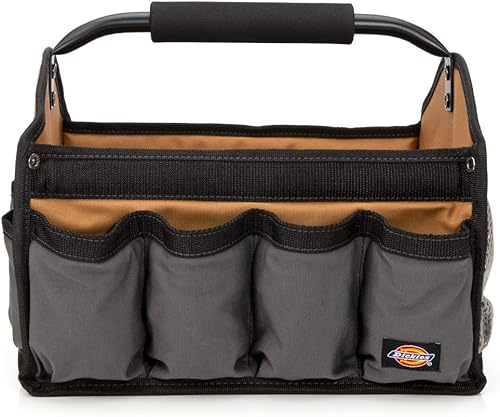 Dickies Organizador de bolsas de herramientas de lona duradera de 12 pulgadas, 12 bolsillos exteriores, 16 trabillas para herramientas, grisbronceado