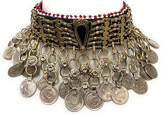 Duel On Jewel Women’s Afghan Tribal Choker Necklace, Antique Oxidized Metal with Multicolor Glass Beads, Engraved Coins, and Dangling Metal Bead Charms, Bohemian Belly Dance Indian Festival Jewelry
