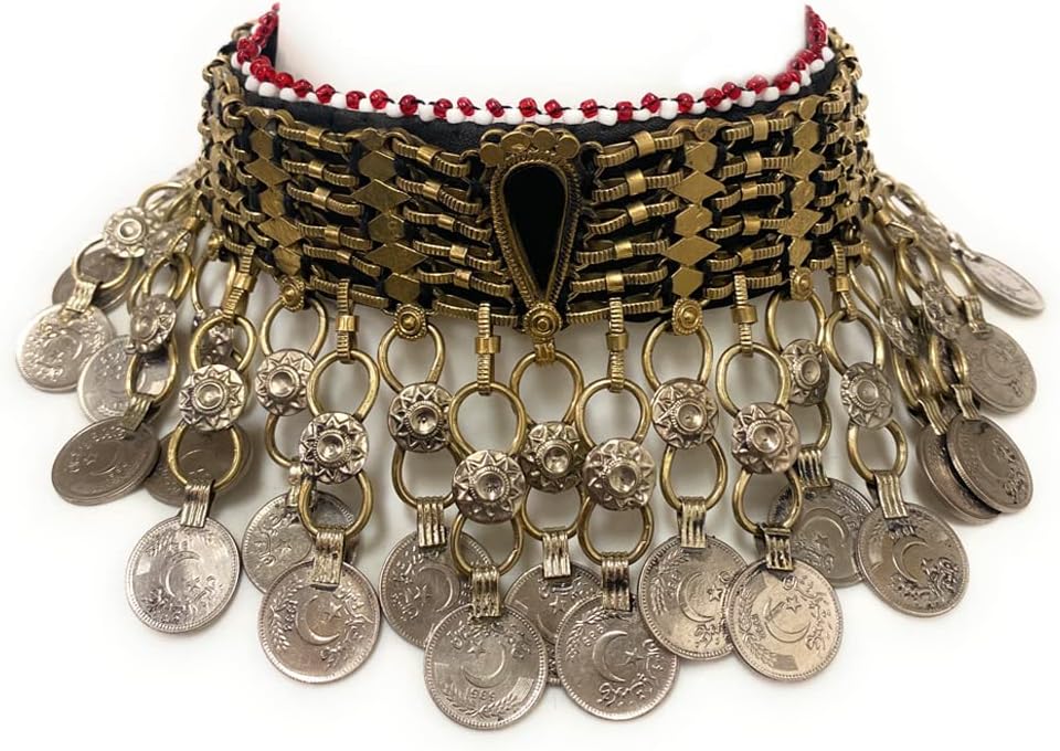 Women’s Afghan Tribal Choker Necklace, Antique Oxidized Metal with Multicolor Glass Beads, Engraved Coins, and Dangling Metal Bead Charms, Bohemian Belly Dance Indian Festival Jewelry