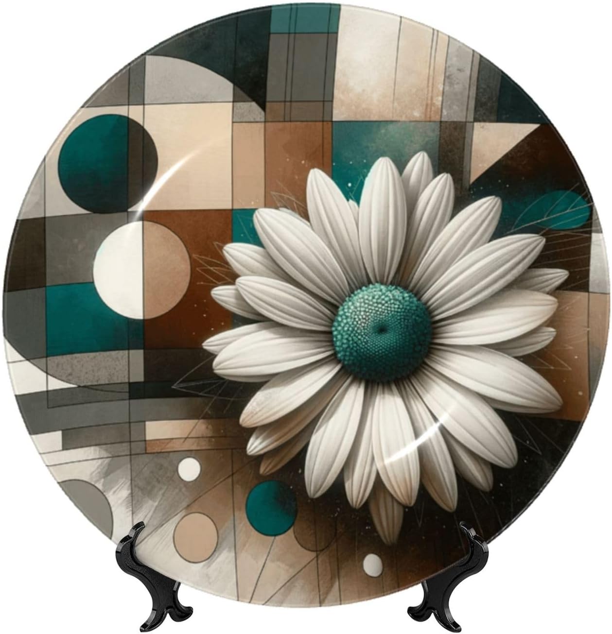 Geometric-White-Daisy 10 Inch Decorative Plate With Stand, Elegant Display Wall Plate For Home Decor
