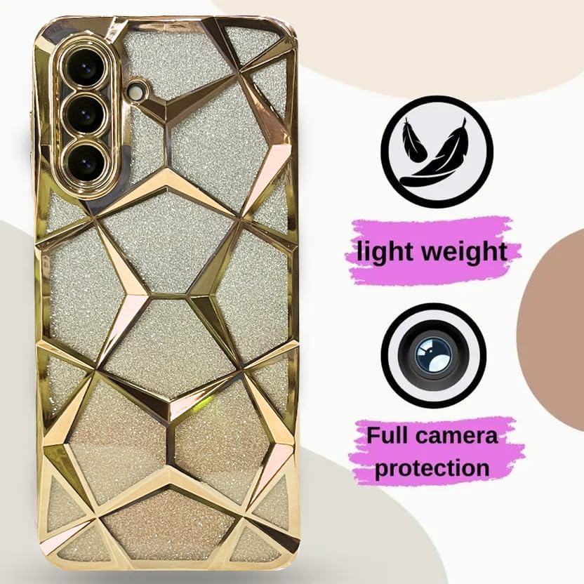 Image of VONZEE Gradient Glitter Case for Samsung A36, Luxury Electroplated 3D Cube, Diamond Bling Shiny Soft TPU Clear Shockproof Women Girls Protective Phone Cover (Gold)