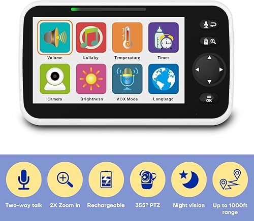Miniatura 2 de Monitor de bebé con cámara y audio, pantalla de 5 pulgadas, sin WiFi, batería de 30 horas, monitor remoto de video con zoom panorámico, visión