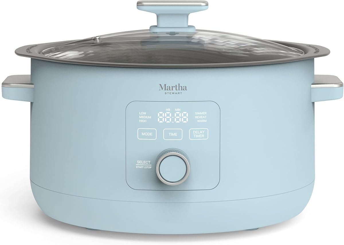 Martha Stewart 8 Quart Slow Cooker, Ceramic Nonstick Crock, Sky Blue | 6 Modes, Delay Timer, Keep Warm, Dishwasher Safe Bowl & Glass Lid, Stovetop & Oven Safe Removable Pot, Simmet, Reheat, Warm