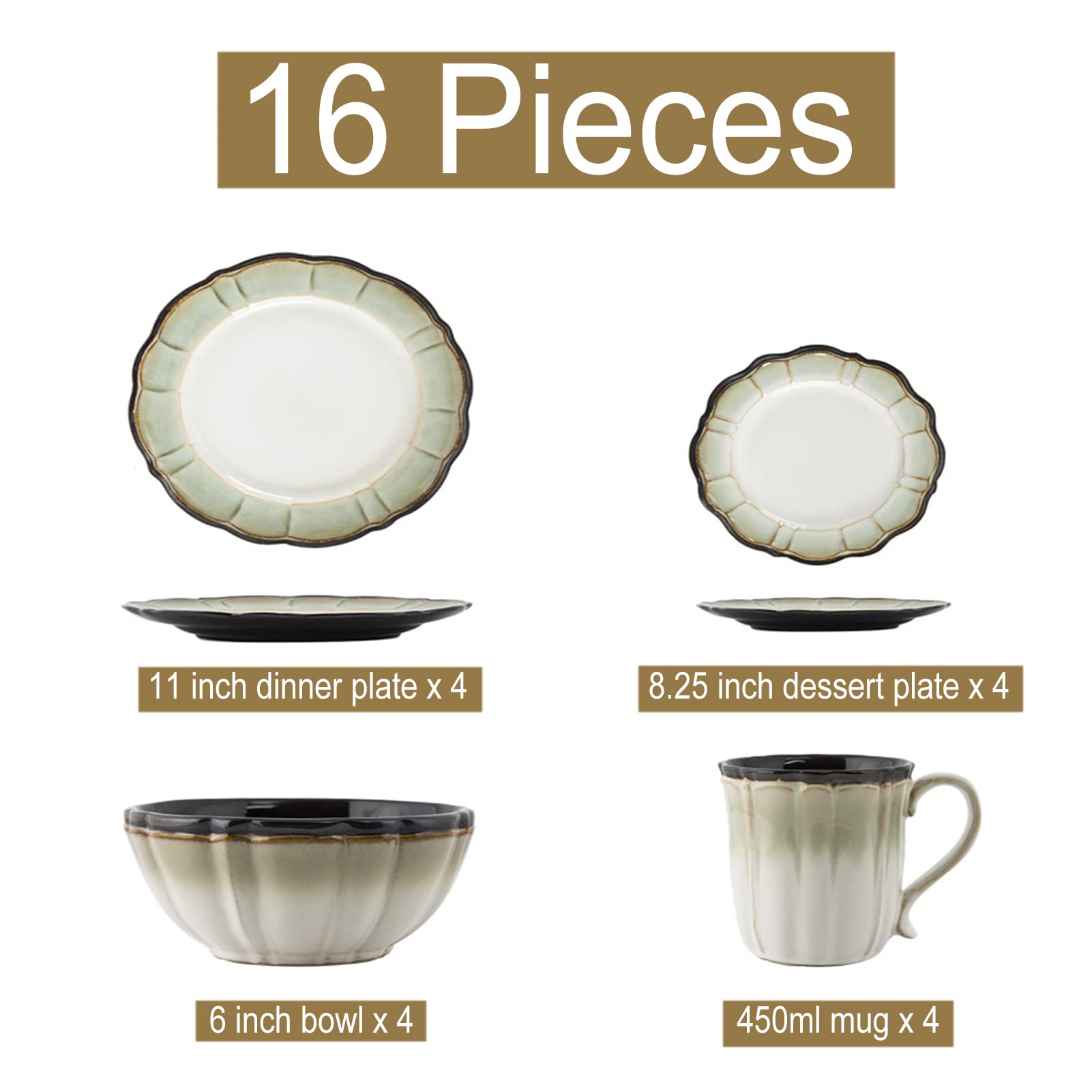16-częściowy zestaw naczyń z kamionki, zestaw naczyń dla 4 osób, kompletny zestaw porcelanowy z talerzami płaskimi, talerzami deserowymi, miskami i kubkami