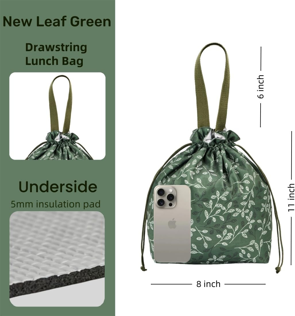 Reusable Small Lunch Bag,Drawstring Lunch Bag,Insulated Handbag Tote bag with Handle (New Leaf Green) - Image 2