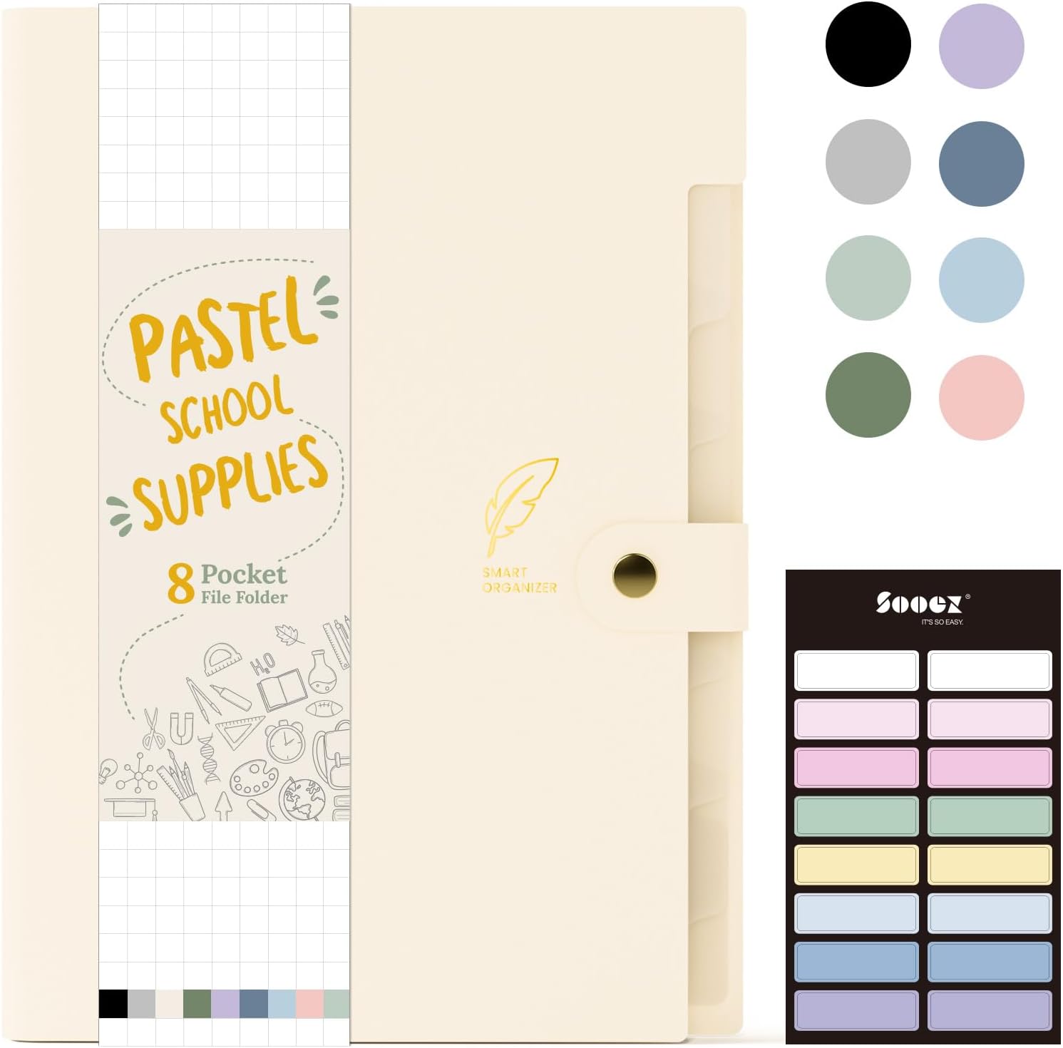 Aesthetic 8 Pocket Accordion File Organizer, Pastels Expanding File Folder for Important Document with Labels, Portable Receipt Bill Paper Organizer for Office School Supplies, Letter Size Beige