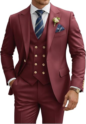 Mens Suits 3 Piece Slim Fit Suit for Men Wedding Double Breasted Suit Prom Formal Business Tuxedo Dinner Party