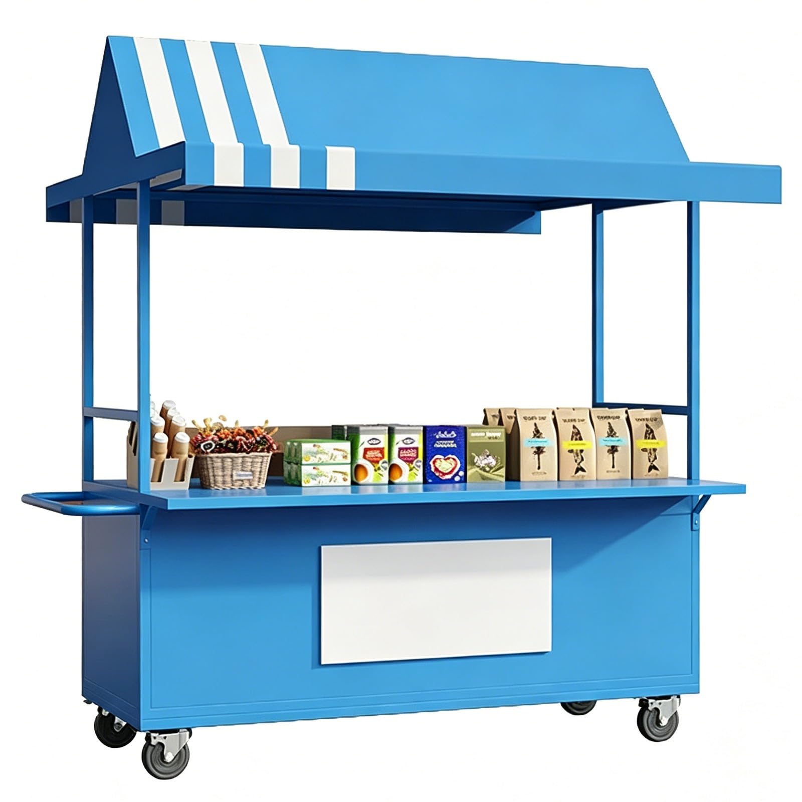 Food Vendor Cart, Market Stand with Canopy, Iron, Handrail, Lockable Wheels, for Market, Street Food & Pop-Up Events(Blue,120cm/47in)