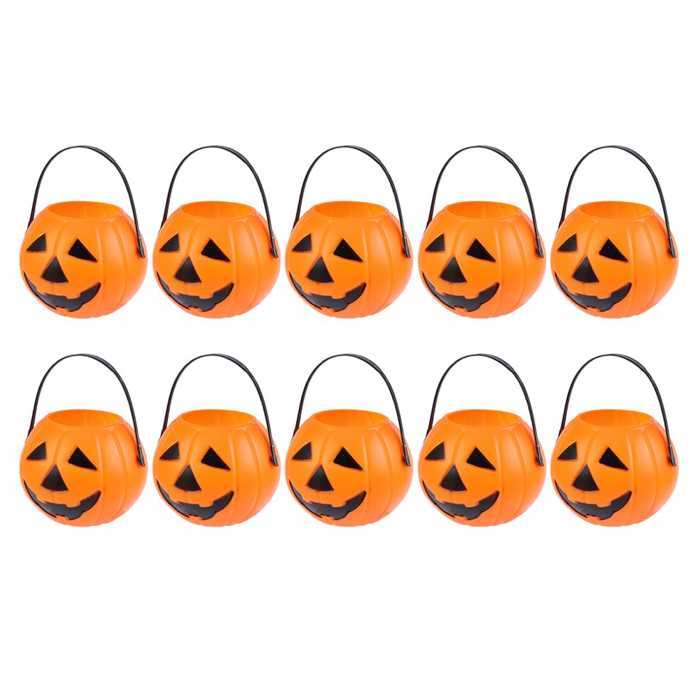 Amosfun 10PCS Mini Pumpkin Trick or Treat Buckets Halloween Candy Holders with Handles Plastic Buckets for Trick or Treat Halloween Party Supplies
