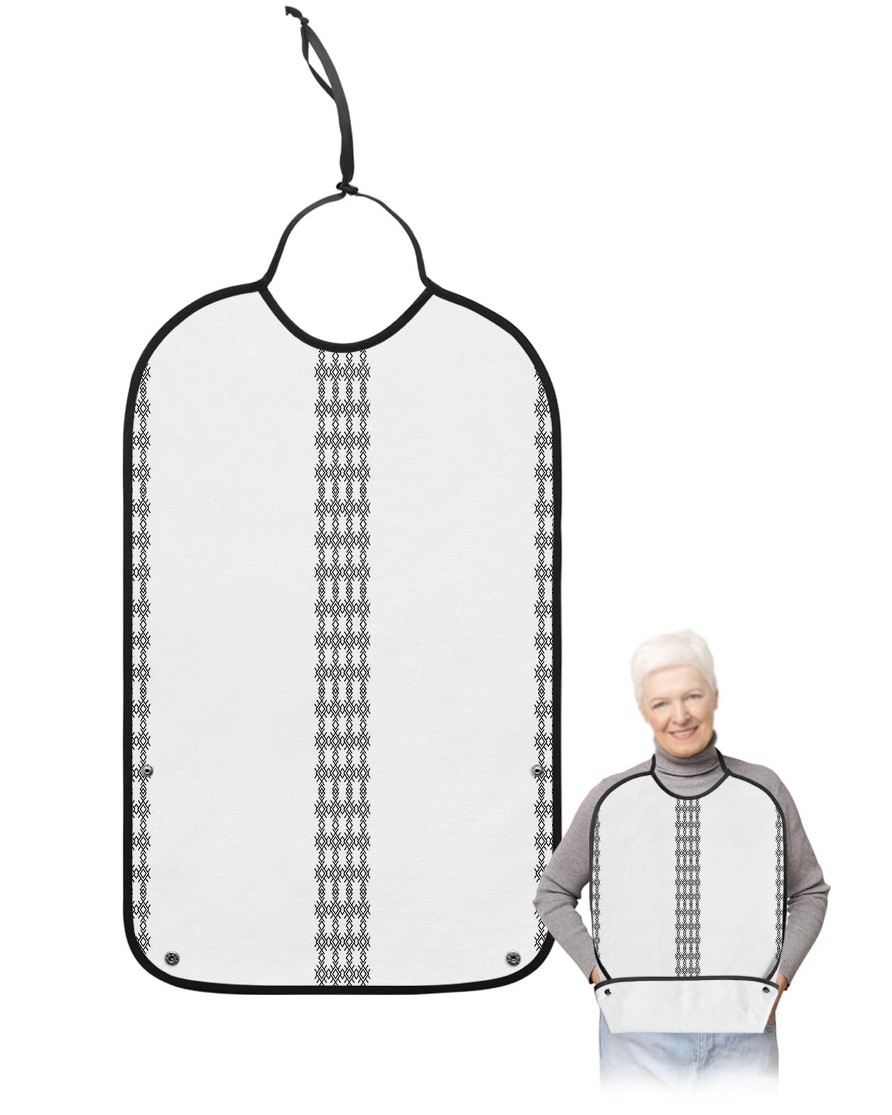 Boho Black Adult Bibs for Eating, Waterproof Bibs with Food Catcher & Adjustable Snap Closure, Modern Geometric Abstract Art Aesthetics Washable Clothing Protectors Adult Bibs for Elderly Women/Men