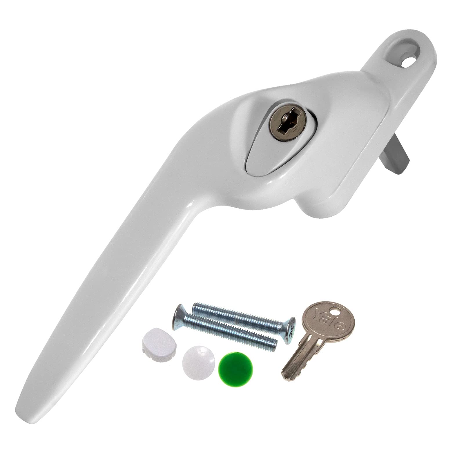 White Left-Hand Yale UPVC Window Handle Cranked Double Glazing Universal Key Locking - 30mm